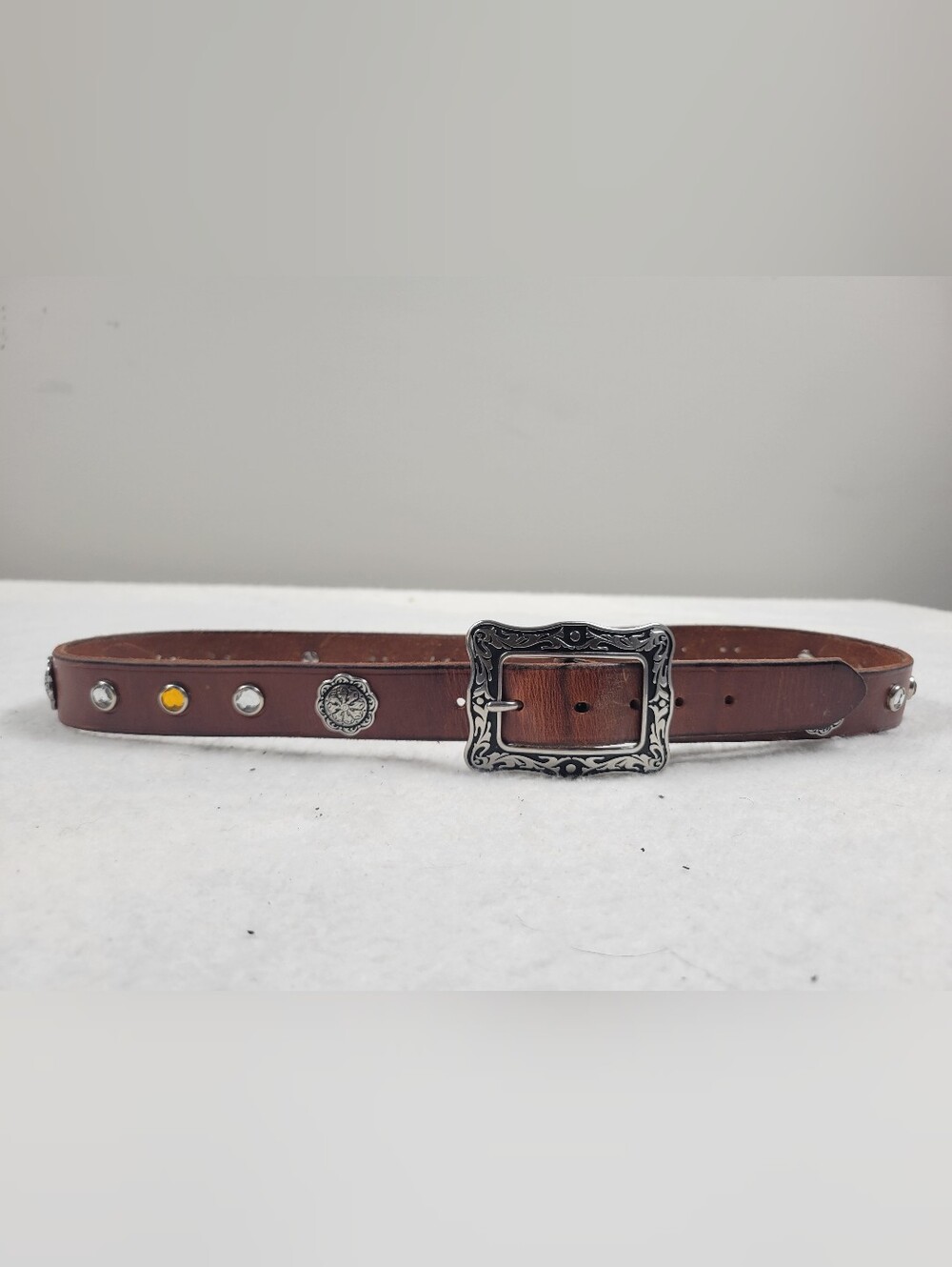 Vintage Western Style Leather Belt with Rhinestones & Horse Shoe Buckle